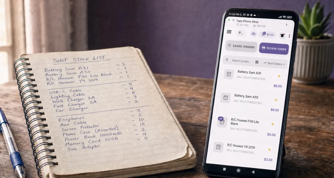 A spiral-bound notebook open at a handwritten shop stock list, beside a phone showing the same phone-accessory products priced and ready to sell in the Essence POS cashier app.