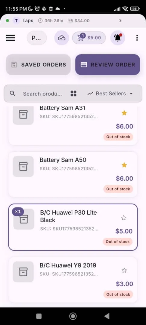 The Essence POS cashier app on a phone, showing a product grid and a running sale.
